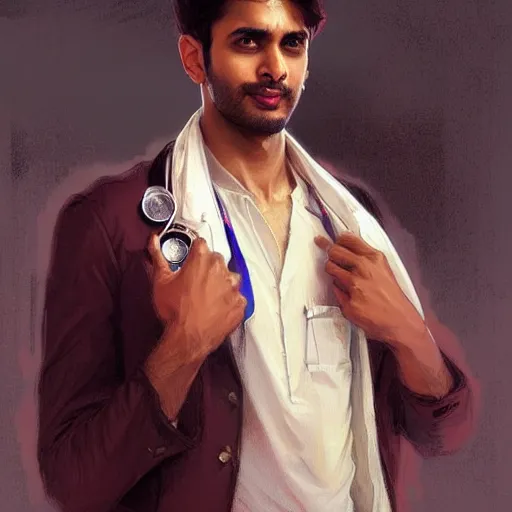 Image similar to Anxious good looking pale young Indian doctors wearing American clothes at the airport, portrait, elegant, intricate, digital painting, artstation, concept art, smooth, sharp focus, illustration, art by artgerm and greg rutkowski and alphonse mucha