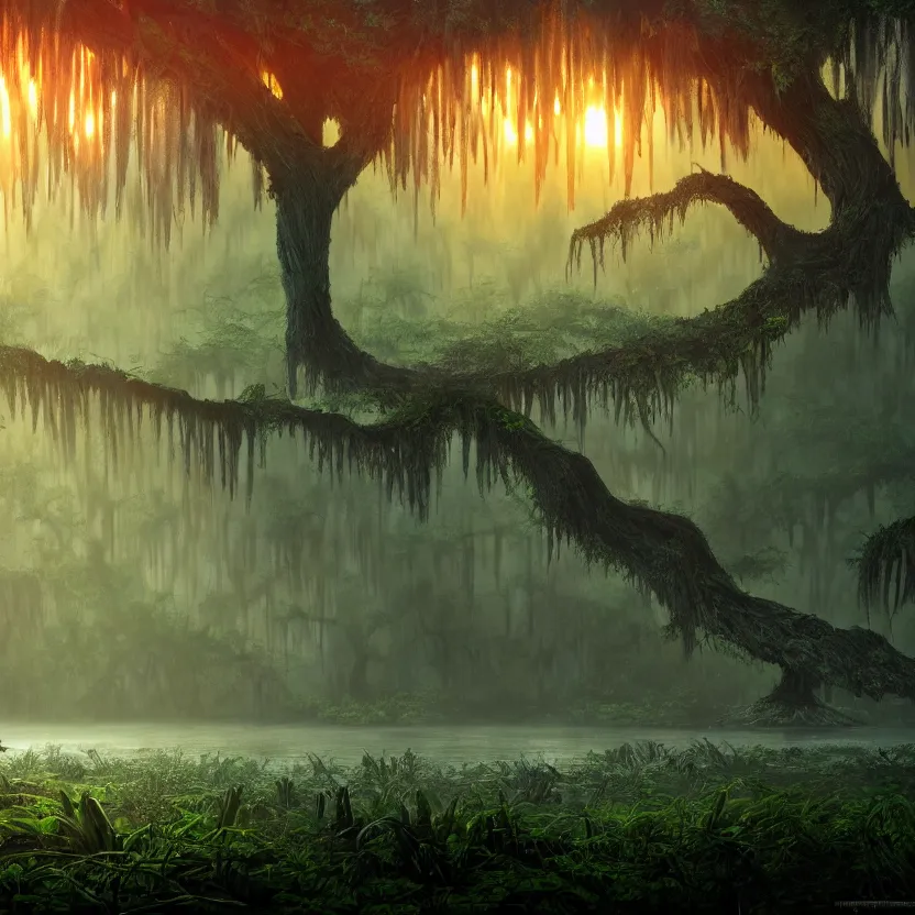 Prompt: a swamp viewed from afar with one huge tree in the middle, dark colors, glowing plants, misty background, light rays, sunset!, birds, beautiful lighting, vivid colors, intricate, elegant, smooth, sharp focus, highly detailed digital painting, concept art, cinematic, unreal engine, 4 k wallpaper, svetlin velinov, tarmo juhola, artstation trending