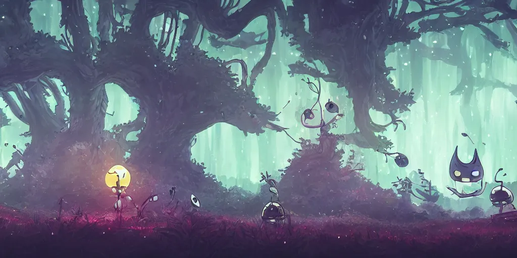 Image similar to hollow knight, Portraiting a magical tree, side scrolling, Very Cloudy Sky, Sun, Neon Lights, Subject in Middle, Rule of Thirds, 4K, Retrofuturism, Studio Ghibli, Simon Stålenhag