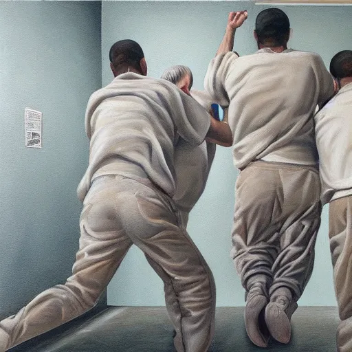 Image similar to hyperrealism painting of prisoners trying to escape prison while guards are distracted