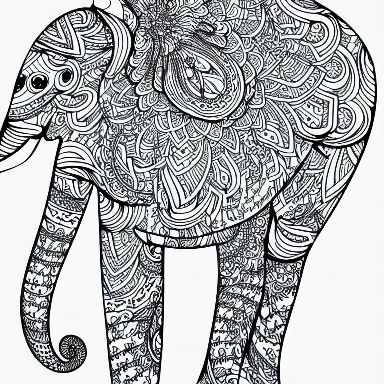 Image similar to elephant ornaments fractal ink drawing line art colouring page vector