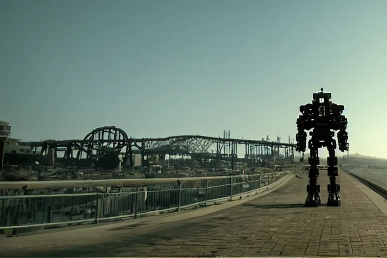 Image similar to cinematography of giant Mech on Santa Monica peer By Emmanuel Lubezki