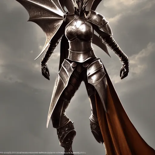 Image similar to highly detailed realistic stunning shot of a beautiful anthropomorphic female knight but as a hot dragon, doing a majestic pose, well designed female dragon head, armor made of steel, sharp claws, HD octane render, epic cinematography, fantasy, Artstation, Deviantart, Furaffinity
