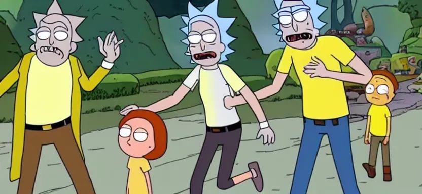 Image similar to rick and morty except rick is replaced with chris pratt and morty is also chris pratt but dressed in a yellow shirt and also jesus is there, high quality