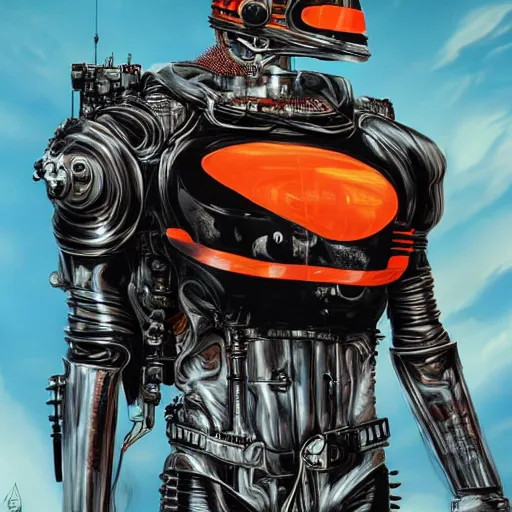 Image similar to a portrait of a monster, in an orange racing helmet by sandra chevrier, detailed render, epic composition, cybernetics, 4 k realistic, cryengine, realistic shaded lighting, sharp focus, masterpiece, by matteo scalera, gary montalbano, peter elson in the style of the tokyo ghost comic