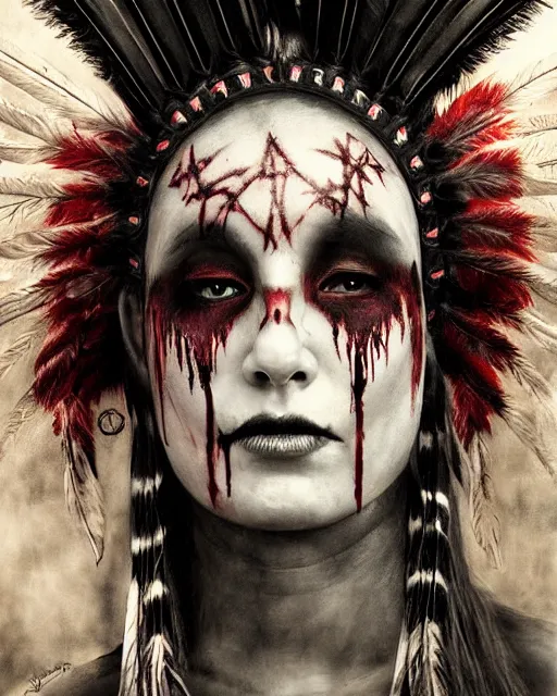 Image similar to lady native sisters ghost - spirit of the grim - warpaint wears the scarlet skull armor and native blood headdress feathers, midnight fog - mist!, dark oil painting colors, realism, cinematic lighting, various refining methods, micro macro autofocus, ultra definition, award winning photo, photograph by ghostwave - gammell - giger - shadowlord