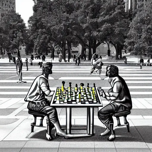 Prompt: greek god playing chess in washington square park, new york city, photorealistic, highly detailed