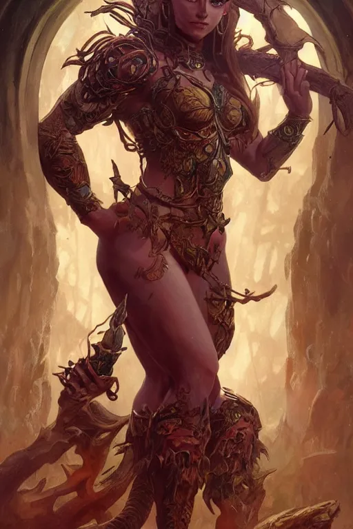 Image similar to portrait of zelda as a herculian demon woman, forest, full body, muscular, fantasy, intricate, elegant, highly detailed, digital painting, artstation, concept art, sharp focus, illustration, art by artgerm and greg rutkowski and alphonse mucha