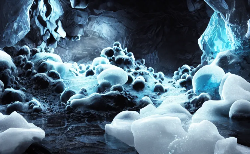 Prompt: liquid nitrogen and with black water-cooling coolant flowing through latent representations of ice caverns by centrifugal forces, high detailed, high contrast, geometric elements, trending on artstation, octane render, subsurface scattering, 4k