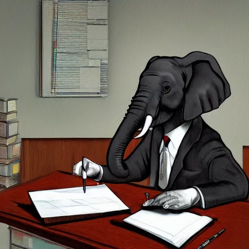 Image similar to an elephant as a secretary in 50's office, digital painting, artstation