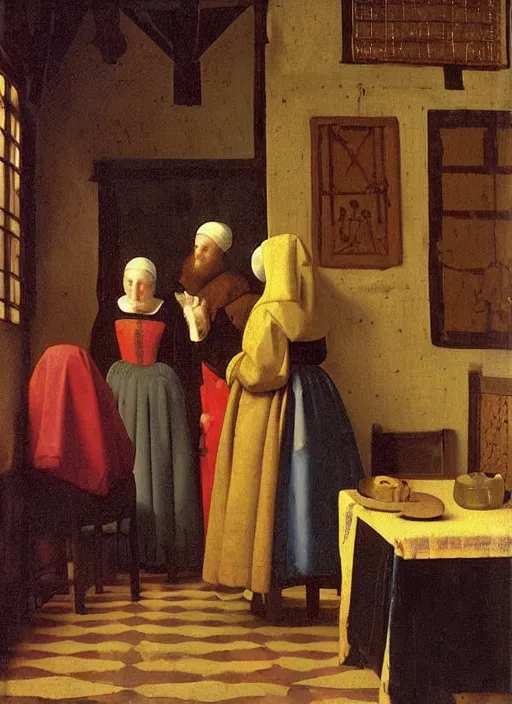 Image similar to date at the crowded medieval inn. Medieval painting, by Johannes Vermeer, Jan van Eyck