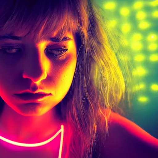 Prompt: realistic fantasy portrait of sad girl in neon light