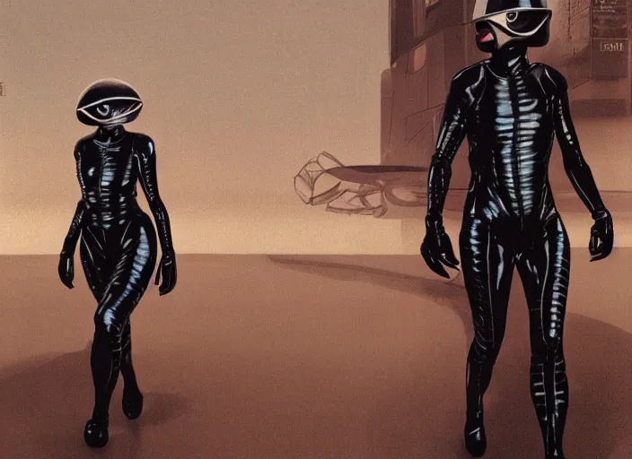 Prompt: intimidating androgynous person walking towards me, wearing an insect helmet, skin - tight latex suit with exotic frog patterns, cinematography by syd mead, roger deakins, concept art