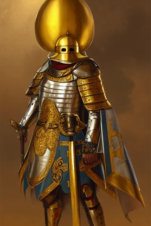 Image similar to man looking forward in decorated with gold baroque style christian crusader armor, cylindrical helmet covering all his face with golden cross on front it's front end and white cape covering half of his body standing at the gates of jerusalem drawn by greg rutkowski realistic high detail