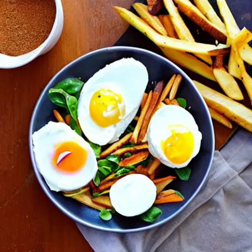 Prompt: poached eggs, salad, fries, and spices