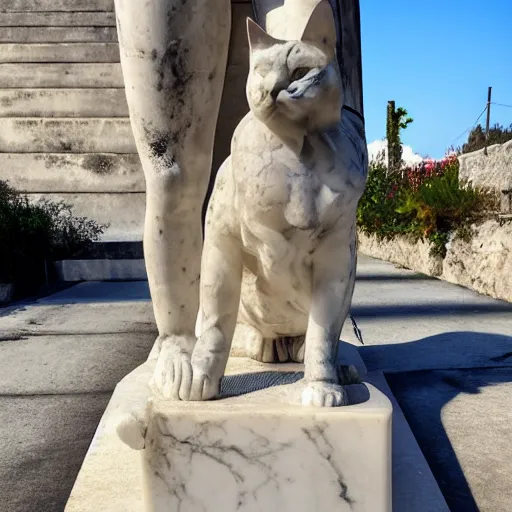 Prompt: photo of greek marble statue of cat on a skateboard