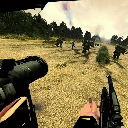 Prompt: first person pov of an active battlefield
