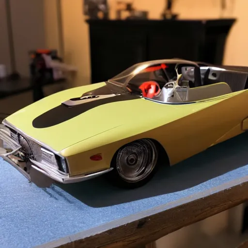 Prompt: hyperrealistic model car sitting on a table