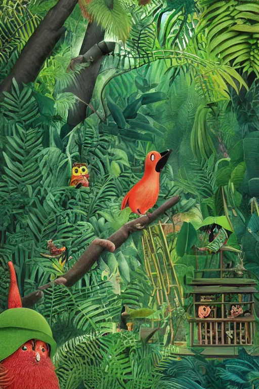 Image similar to rare bird in the jungle, hyper detailed, unreal engine render concept art, glitch, smudged paint, dark green, style of henri rousseau and richard scarry and hiroshi yoshida