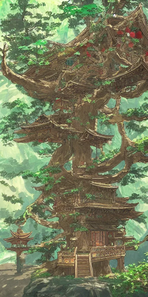 Image similar to detailed japanese treehouse shrine, breath of the wild, hyrule, studio ghibli artstation, 3 5 mm