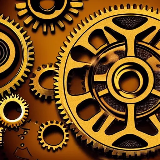 Prompt: a camera lens made of cogs, gears, pistons, and steam. golden and brown hues.