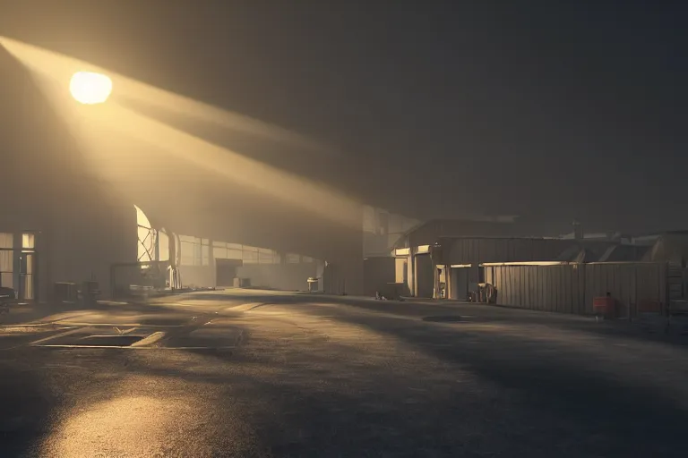 Prompt: a factory in fog, sun beams breaks through smoking pipes, a small red light is flashing in the bottom right corner, 4k, ultra details, cinematic, epic style, beautiful photo, hyper realistic, octane render, unreal engine, award winning, on artstation, volumetric lightning, masterpiece, golden hour,