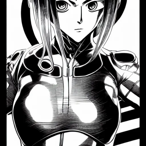 Image similar to alita by yukito kishiro. medium shot. black and white manga. pencil drawing. high detailed face