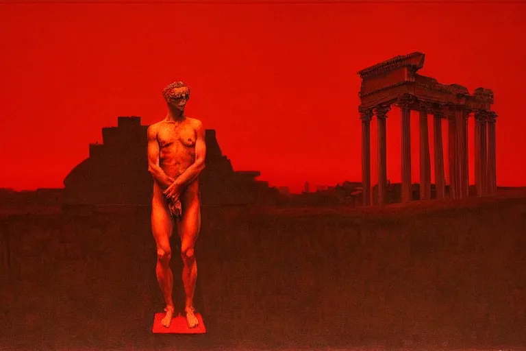 Image similar to only with red, caesar after war, a red tiger, in hoc signo vinces, rome in background, an ancient path, in the style of beksinski, part by hopper, part by rodcenko, part by hofbauer, intricate composition, red by caravaggio, insanely quality, highly detailed, masterpiece, red light, artstation