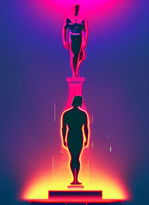 Image similar to statue of hercules, beeple, android jones, ( ( ( ( ( dan mumford ) ) ) ) ), vaporwave, retrowave, black background, neon wiring, black, glitch, strong contrast, cuts, pinterest, trending on artstation