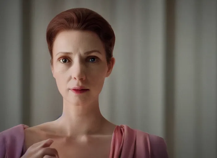 Image similar to cinematic mid shot of a high detail, refined woman's face looking off camera. fine facial features. she stands in an empty, pastel colourful 3 d, forrest scene, shallow depth of field, multiple copies of the woman, by jeffrey smart and gregory crewdson and edward hopper, inspired by the grand budapest hotel