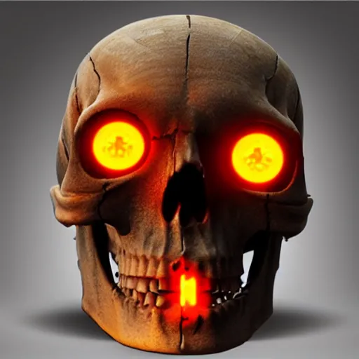 Image similar to real human skull with circular orange electronic led eyes in eye holes