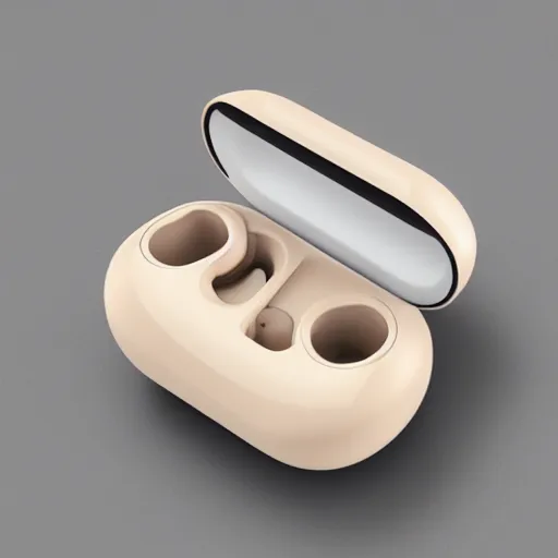 Image similar to beige truly wireless earbuds, studio, product photo