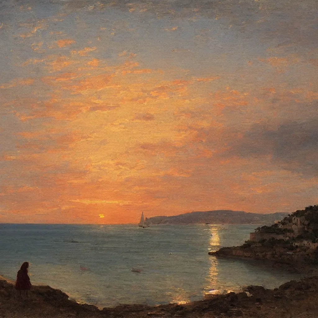 Image similar to a girl on the beach, beautiful sunset, at Ville Franche sur Mer by Claude Lorraine