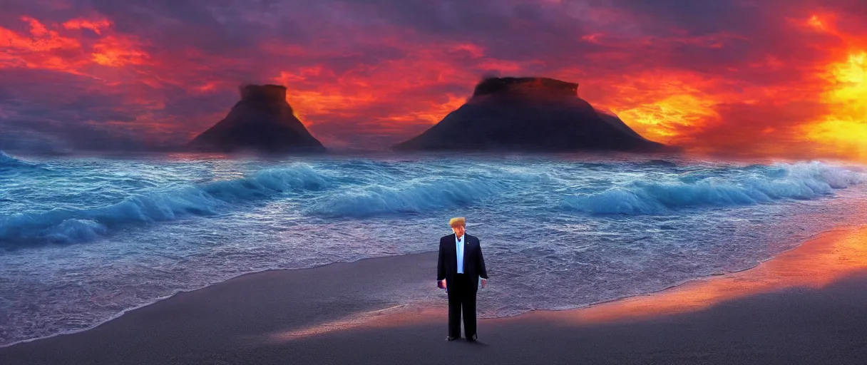 Image similar to donald trump at the beach, mordor looming behind the sunset 4 k, hd, explosive, colorfull