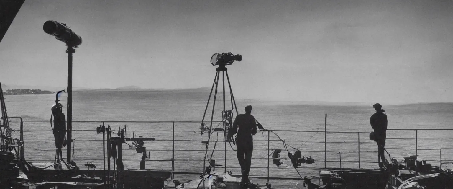 Prompt: detailed sharp photograph in the style of popular science circa 1 9 5 5 and gregory crewdson of a sailor standing on the bridge of a ship look through binoculars