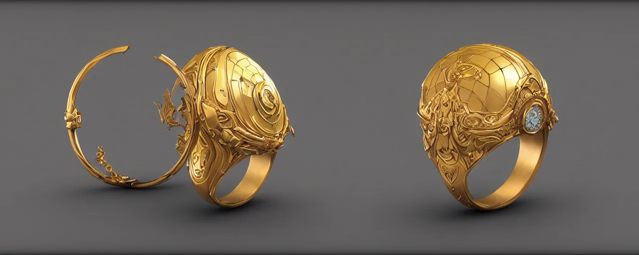 Prompt: simple ring with a shield ornament, ring, wood, gold, smooth shank, crystals, engravings, product design, jewelry, art by gerald brom, greg rutkowski and artgerm and james jean and zdzisław beksinski, 8 k, unreal engine, c 4 d