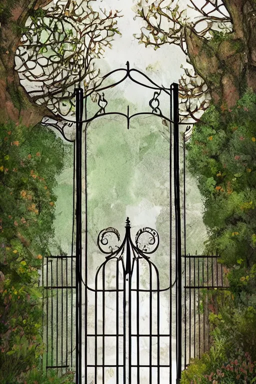 Prompt: beautiful digital painting high quality clear of wrought iron garden gate with a tranquil garden in the background and stone ground Aenami, artstation behance