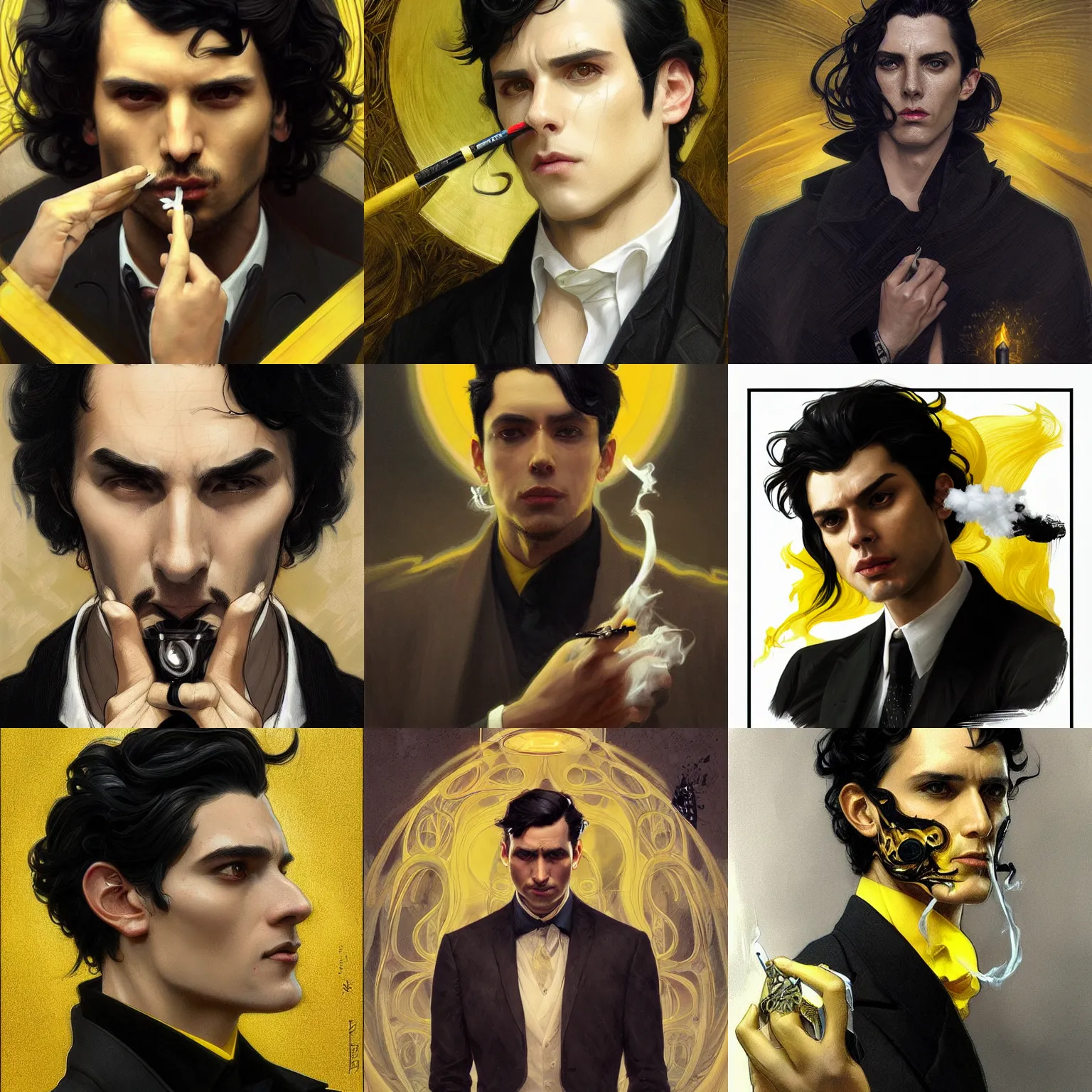 Prompt: portrait of a man, black hair, black suit, yellow eyes, smoking cigarette, fantasy, intricate, elegant, highly detailed, digital painting, artstation, concept art, smooth, sharp focus, illustration, art by artgerm and greg rutkowski and alphonse mucha