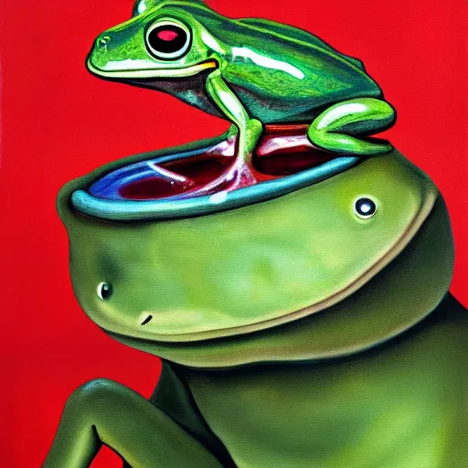 Image similar to a frog in a boiling pot of water, surrealist, absurdist painting