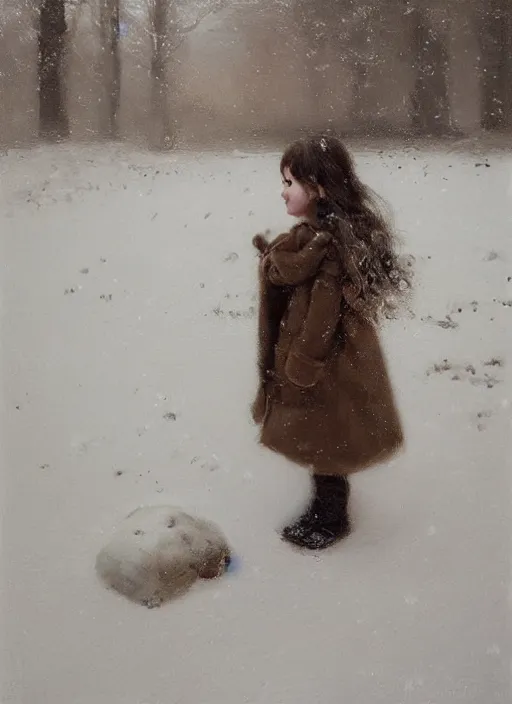 Image similar to a cute little girl with short brown curly hair standing in the snow. beautiful ethereal painting by ruan jia