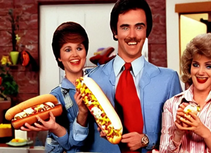 Image similar to a 1 9 8 0 s tv still of a sitcom about a hot dog salesman, retro