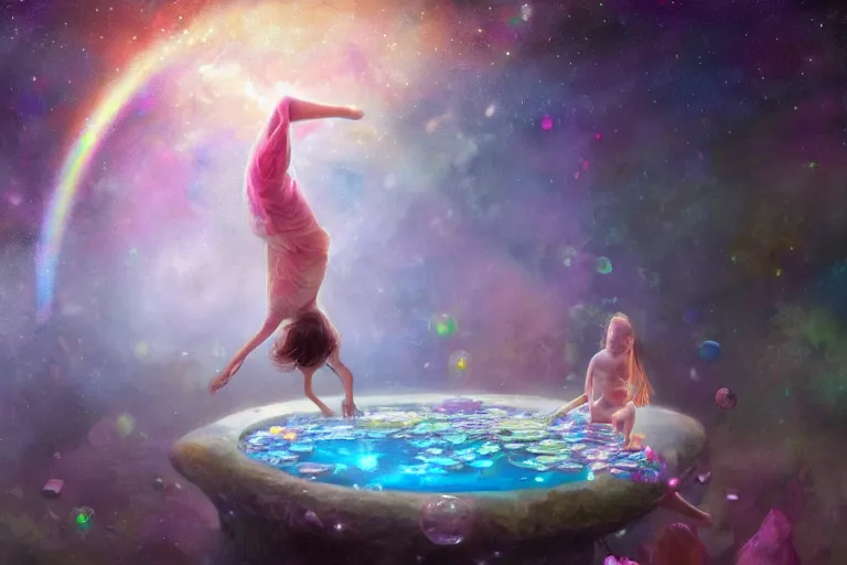 Image similar to a child falling into his bed to find a fantasy world, psychedelic, whimsical, 4k, beautiful, a crystal and flower, reflective pool, surrounded by gems, underneath the stars, rainbow fireflies, trending on patreon, deviantart, twitter, artstation, volumetric lighting, heavy contrast, art style of Greg Rutkowski and Miho Hirano and Ross Tran