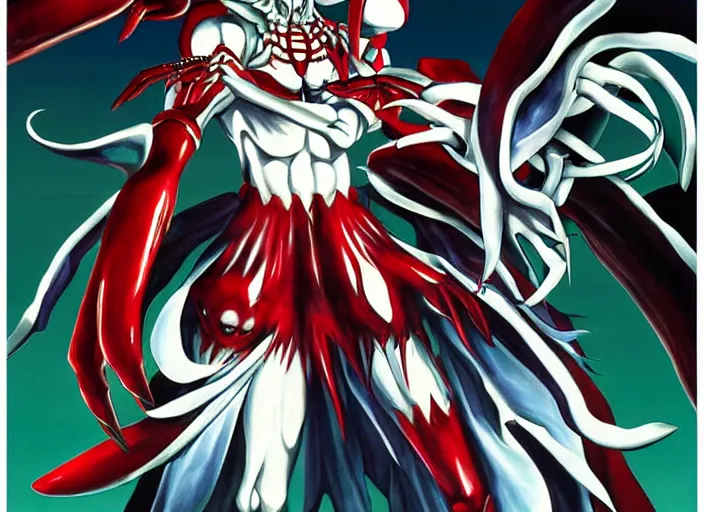 Image similar to shin megami tensei art of a demon called mi - go, crustacean, art by kazuma kaneko, demonic! compedium!, digital drawing, white background, high quality, highly detailed