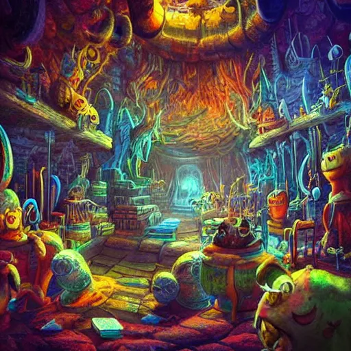 Image similar to these monsters are consumed by fire, yet they remain unharmed. they are surrounded by the tools of the alchemist's trade - beakers and test tubes full of colorful liquids, crystals, and books of ancient knowledge. the scene is suffused with an eerie glow, as if something magical is happening here. dramatic lighting epic glows eerily beautiful photograph