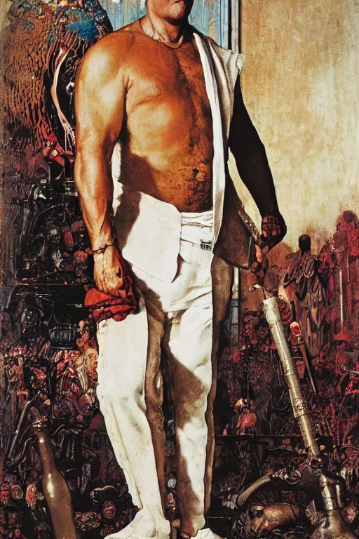 Prompt: full length portrait of morgan aste as a hugel gangster wearing a white suit beside a smaller man by lawrence alma tadema and zdzislaw beksinski and norman rockwell and jack kirby and tom lovell and greg staples