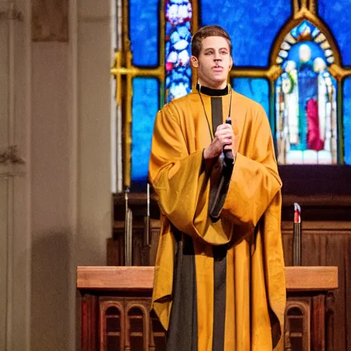 Prompt: pete davidson as an evangelist on an alter giving a sermon