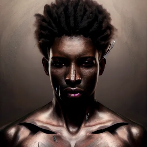 Image similar to portrait painting of a beautiful black man with blade scars and cropped hair wearing a tattered fancy black coat, ultra realistic, concept art, intricate details, eerie, highly detailed, photorealistic, octane render, 8 k, unreal engine. art by artgerm and greg rutkowski and charlie bowater and magali villeneuve and alphonse mucha