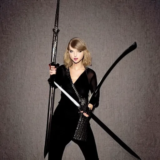 Image similar to taylor swift posing holding a giant sword, high quality studio photograph