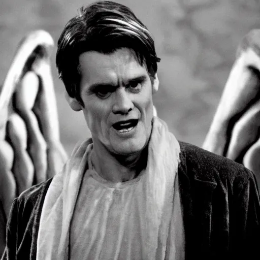 Prompt: younger jim carrey as a weeping angel, dr. who