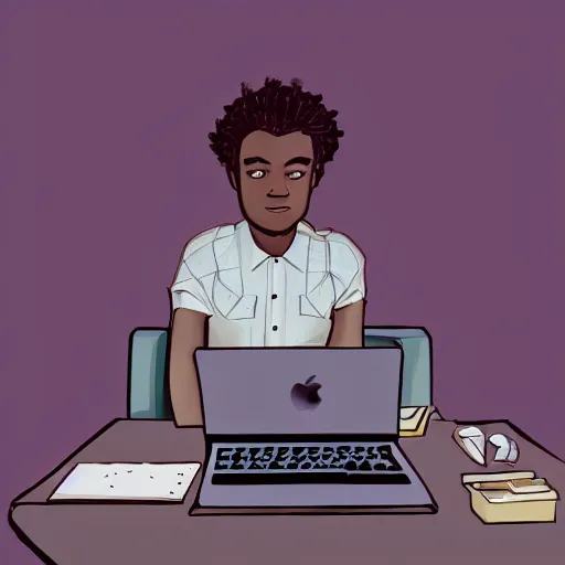 Prompt: fantasy image of lightskinned black man with short hair sitting at a desk, using a macbook, dreamy, pastel, digital illustration, intricate details